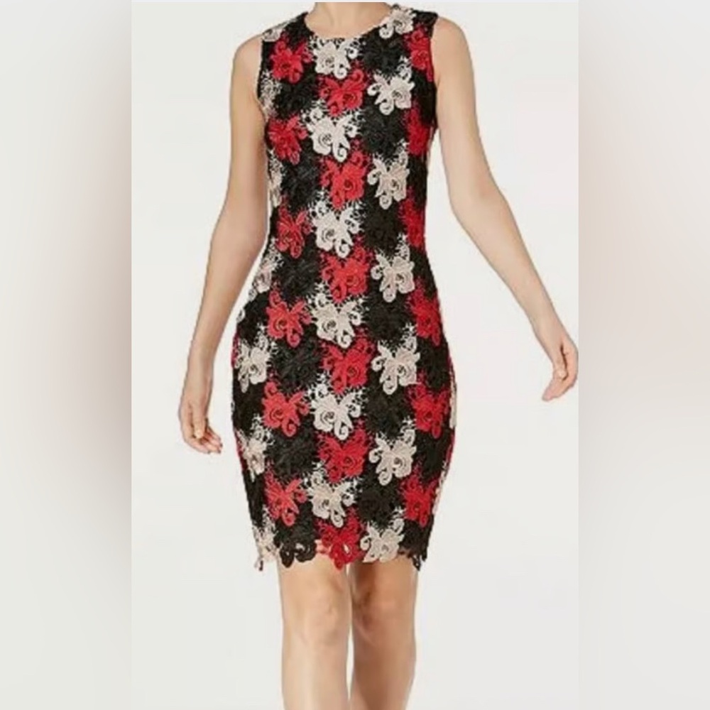 Calvin Klein Black, Red, and Cream Lace Midi Dress